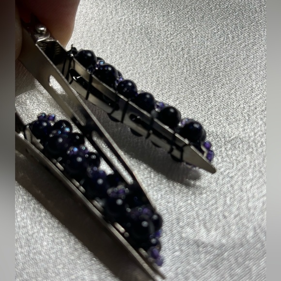 Hand crafted hair clips-Blue Goldstone beads & rainbow tanzanite seed beads - Picture 3 of 6